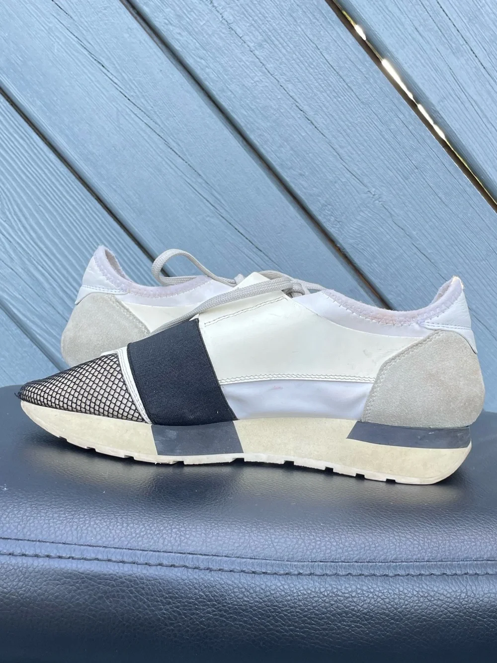 Balenciaga “Race Runner”Black and Cream Knit-Accent Lace-Up Sneakers size 37